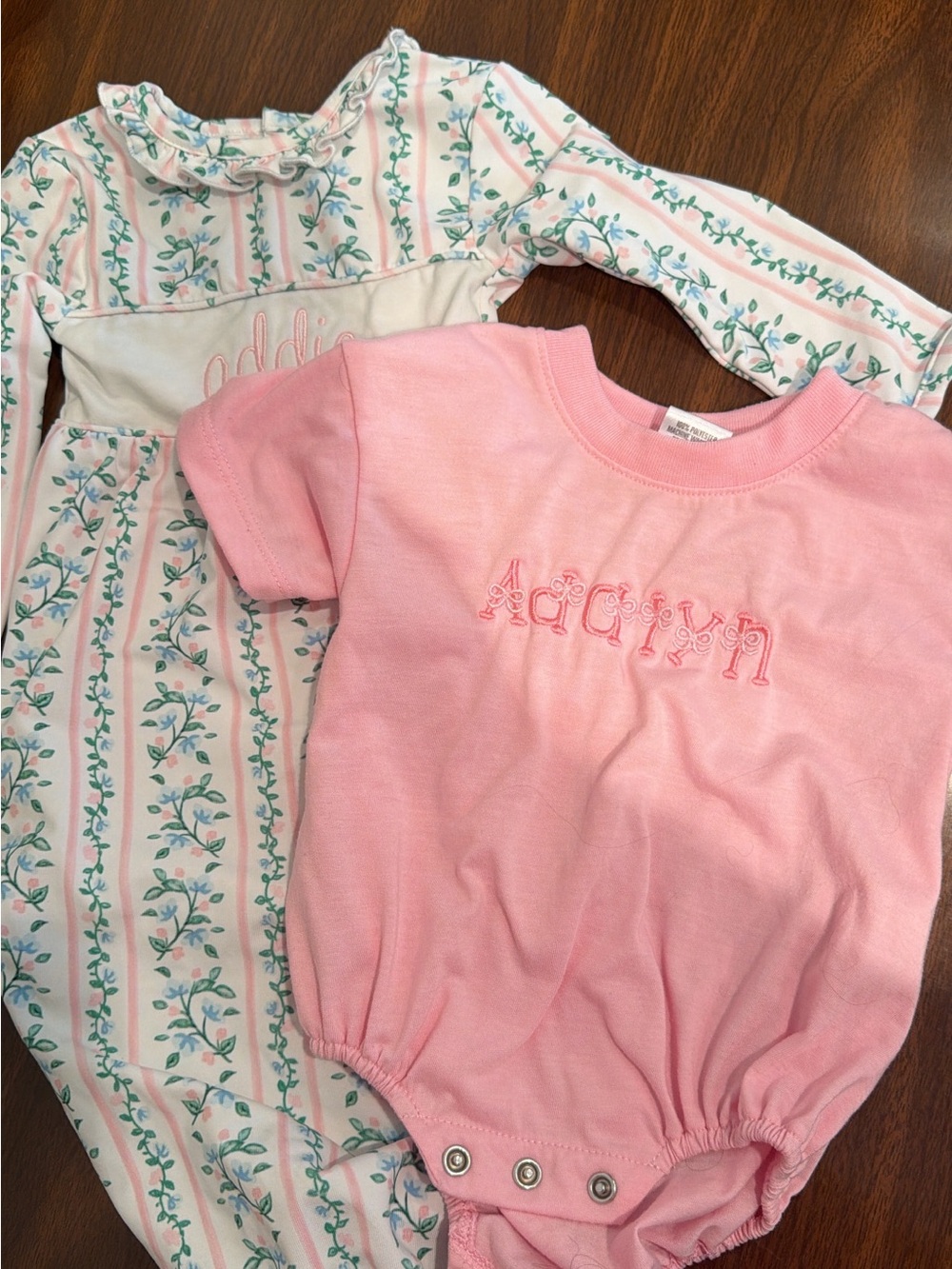 Pink Embroidered Baby Bodysuit- Adalyn& Cecil & Lou Floral Sleep Gown Set- Addie